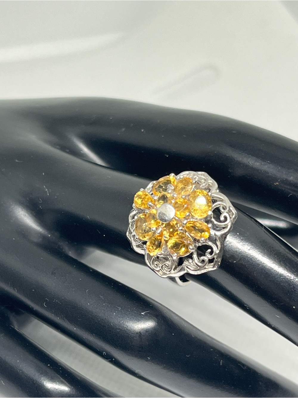 Sterling Silver Ring with Citrine Floral Gemstones